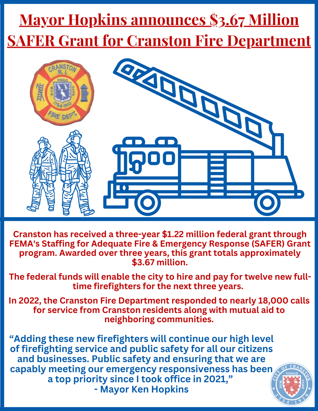 Mayor Hopkins announces 3.6 Million SAFER Grant for Cranston Fire Department